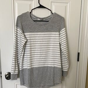 Gray and White Striped Long Sleeve Top